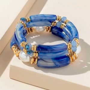 New!✨ Set of 3 Elegant Blue Faux Pearl Beaded Boutique Bracelets